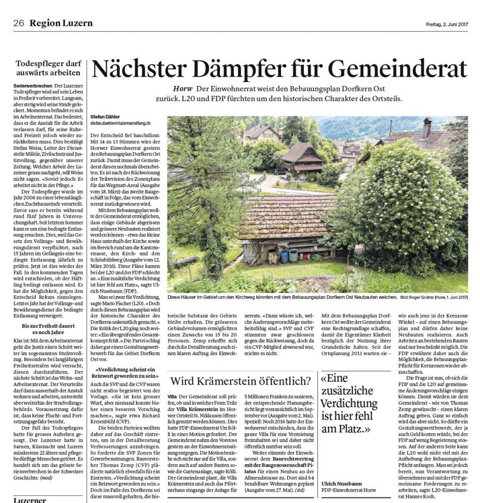Neue Luzerner Zeitung: Bebauungsplan Hors Dorfkern Ost Gemeinderat